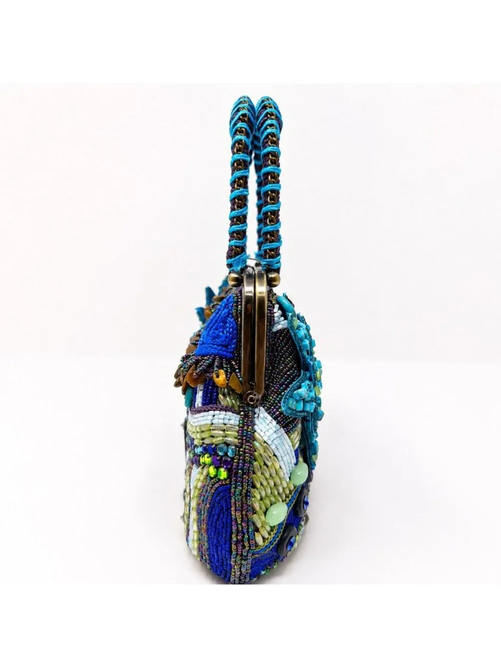 Chico's Beaded Evening Bag Blue Purple Floral Embellished Top Handle Purse - Picture 6 of 16